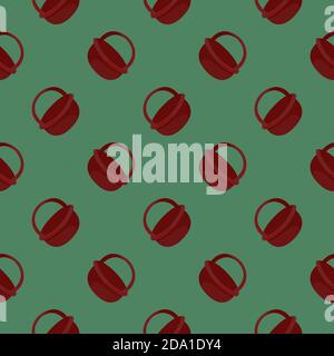 Red basket , seamless pattern on a green background. Stock Vector