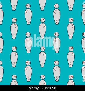 White bowling pins , seamless pattern on a light blue background. Stock Vector