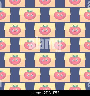 Box of tomatos , seamless pattern on a blue background. Stock Vector