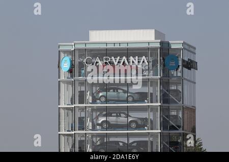 Indianapolis - Circa September 2020: Carvana used car vending machine. Carvana is an online only preowned and used car dealership. Stock Photo