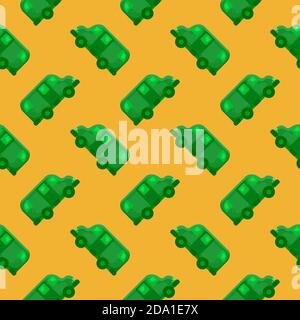 Green bus , seamless pattern on a hot yellow background. Stock Vector