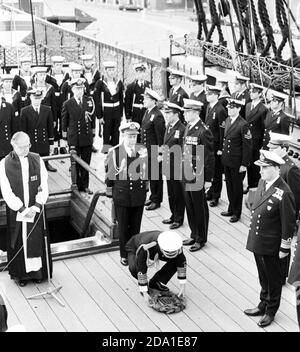 TRAFALGAR DAY CEREMONY ABOARD HMS VICTORY 1984  PORTSMOUTH Stock Photo