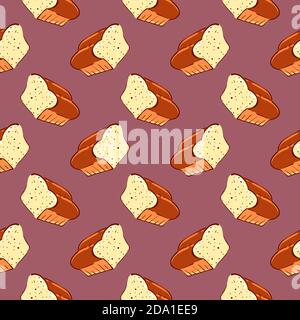 Loaf of bread , seamless pattern on a dark pink background. Stock Vector