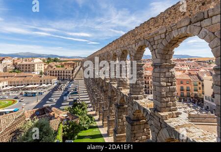 Roman aqueduct bridge and city panorama, Segovia, Spain Stock Photo