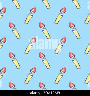 Burning candle , seamless pattern on a light blue background. Stock Vector