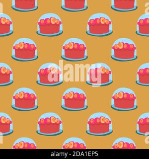 Cake on a plate , seamless pattern on a orange background. Stock Vector