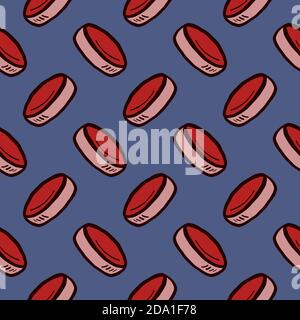 Hockey puck , seamless pattern on a dark blue background. Stock Vector