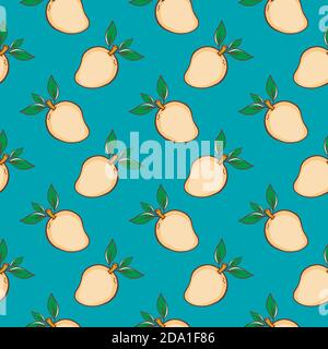 Ripe mango , seamless pattern on a blue background. Stock Vector