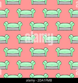 Green armchair , seamless pattern on a dark pink background. Stock Vector