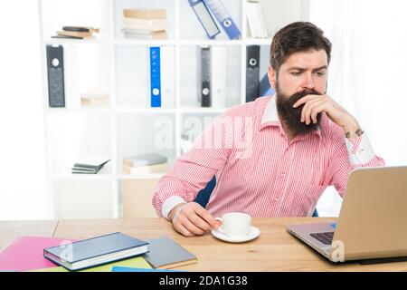 Practical blog for practical people. Serious blogger use laptop for blogging. Blog post. Informational website. Social networking service. Business communication. Stock Photo
