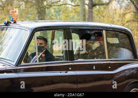 London, UK. 08 November 2020. Prince Charles and Camilla, Duchess of Cornwall back from Remembrance Sunday covering their face. Credit: Waldemar Sikora Stock Photo