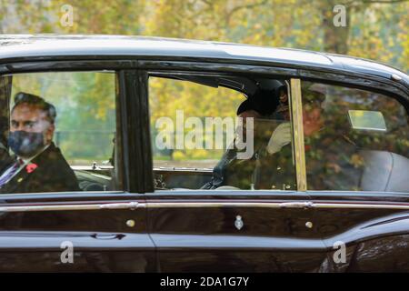 London, UK. 08 November 2020. Prince Charles and Camilla, Duchess of Cornwall back from Remembrance Sunday covering their face. Credit: Waldemar Sikora Stock Photo