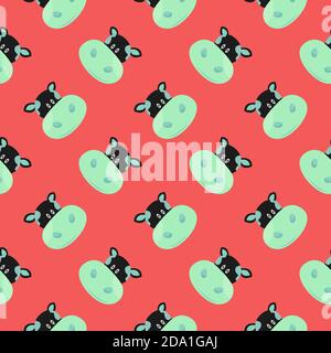 Green cow head , seamless pattern on a bright red background. Stock Vector