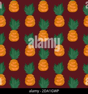 Pineapple , seamless pattern on a dark red background. Stock Vector