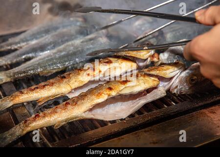 Grilled sea bass fish closeup. In process. European sea-bass, chef is grilling in the kitchen - BBQ Stock Photo