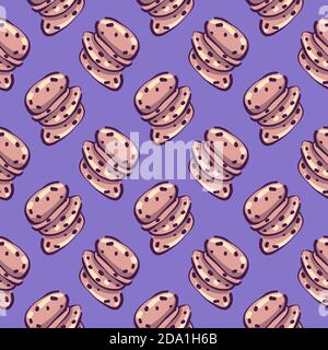 Chocolate chip cookies , seamless pattern on a purple background. Stock Vector