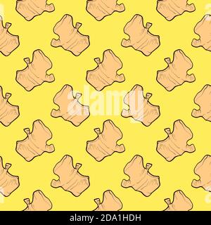 Small ginger plant , seamless pattern on a yellow background. Stock Vector