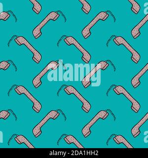 Lined telephone , seamless pattern on a blue  background. Stock Vector