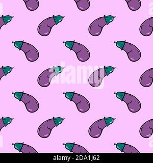 Purple eggplant , seamless pattern on a light purple background. Stock Vector