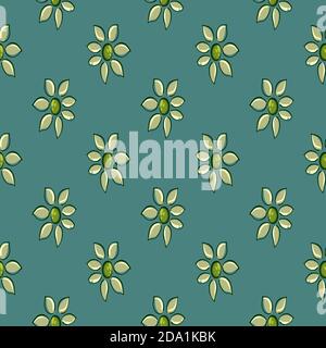 Minimal yellow flowers , seamless pattern on a green background. Stock Vector