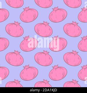 Cute pink pomegranate , seamless pattern on a purple background. Stock Vector