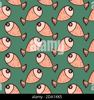 Small fish , seamless pattern on a green background. Stock Vector