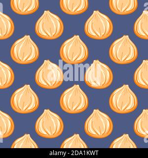 White garlic , seamless pattern on a blue background. Stock Vector