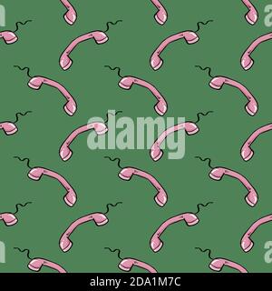 Pink wired telephone , seamless pattern on a green background. Stock Vector