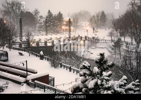 Vintage style image of Washington Avenue Bridge over Clear Creek in winter - Golden, Colorado, USA Stock Photo