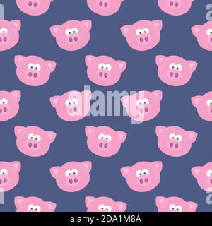 Pig head , seamless pattern on a blue background. Stock Vector