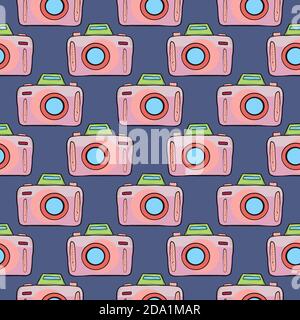 Pink camera , seamless pattern on a blue background. Stock Vector