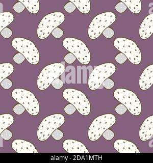 Small white mushroom , seamless pattern on a purple background. Stock Vector