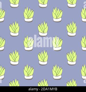 Aloe vera in a pot , seamless pattern on a purple background. Stock Vector