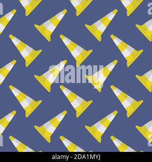 Road cones , seamless pattern on a blue background. Stock Vector