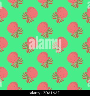 Red octopus , seamless pattern on a green background. Stock Vector