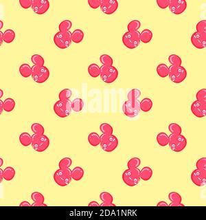 Minimal pink mouse head , seamless pattern on a yellow background. Stock Vector
