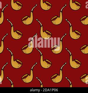 Brown smoking pipe , seamless pattern on a red background. Stock Vector