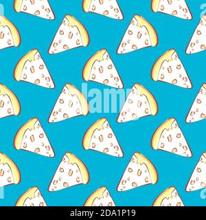 Pizza with cheese , seamless pattern on a blue background. Stock Vector