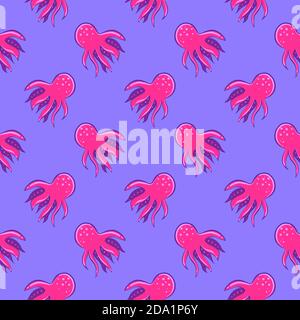 Pink squid , seamless pattern on a purple background. Stock Vector