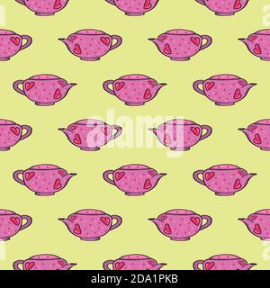 Pink teapot , seamless pattern on a yellow background. Stock Vector