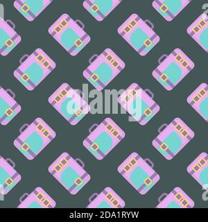 Purple suitcase , seamless pattern on a green background. Stock Vector