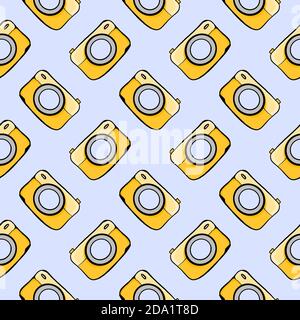 Yellow camera , seamless pattern on a grey background. Stock Vector