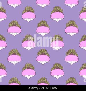 Small purple turnip , seamless pattern on a purple background. Stock Vector