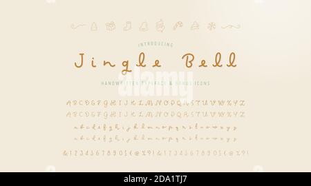 Hand written typography typeface script font and uppercase, lowercase,numeric alphabets. Regular and light weights and bonus christmas icons. Stock Vector