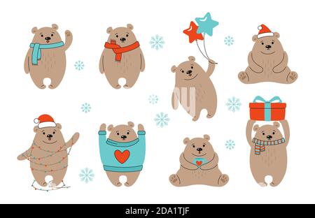 Christmas brown bear cartoon set. Hand drawn grizzly, cute vector bears with red hat, gift, balls or garland. New Year animal mammals in different poses. Funny celebrate doodle animals winter Stock Vector