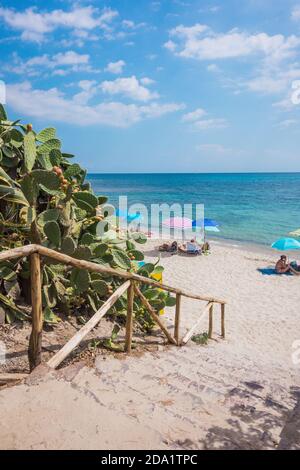 PULA, SARDINIA, ITALY - SEPTEMBER 4, 2019: Santa Margherita di Pula beach near Pula town, South Sardinia, Italy Stock Photo