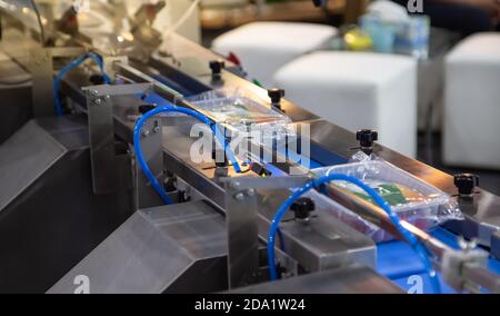Automatic food flow wrapping machine. Food packaging machine Stock Photo