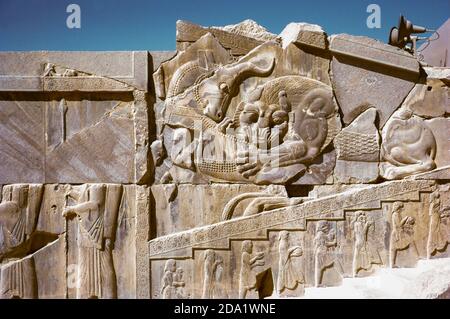Bas-reliefs at Persepolis, built by Darius the Great ca. 518 BCE as capital of his Achaemind Empire in south-western Persia, modern-day Iran (1974) Stock Photo