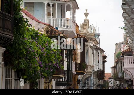 The baroque balconies of Cartagena de Indias, Colombia Stock Photo