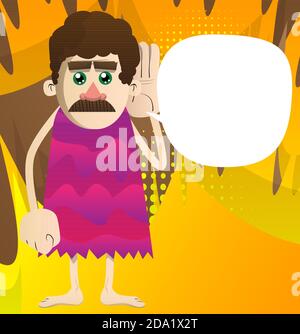 Cartoon caveman holds hand at his ear, listening. Vector illustration of a man from the stone age. Stock Vector